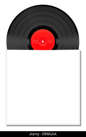 Vinyl record halfway in a blank white album cover. Stock Photo