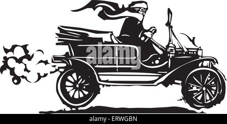 Woodcut style expressionist image of a woman driving a vintage car Stock Vector