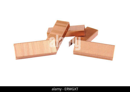 Bunch of golden staples wires isolated on white background Stock Photo