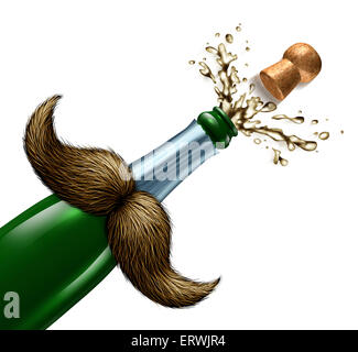 Fathers day celebration and I love you Dad party symbol with a mustache on  a champagne bottle that has a cork and bubbly wine exploding as an icon for celebrating fatherhood on a white background. Stock Photo
