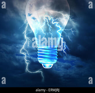 Brainstorm creative idea concept or brainstorming symbol as a lightning bolt from the sky shaped as a human head with a lightbulb image as a metaphor to conceptualize and conceive solutions with new innovative bright thinking. Stock Photo