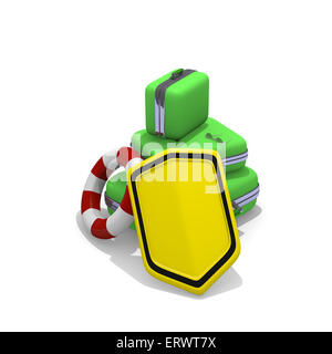 Travel insurance concept with luggages and protective shield Stock Photo