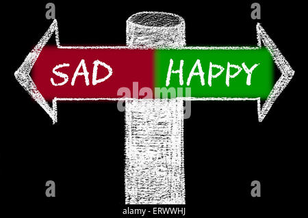 Opposite arrows with Sad versus Happy. Hand drawing with chalk on blackboard. Choice conceptual image Stock Photo