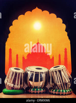 Indian classical music instrument tabla drums at Taj Mahal background in India