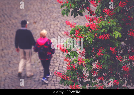 Unrecognizable Elderly Couple Out of Focus Walking on the Street in Sunset, Retro Toned Image Stock Photo