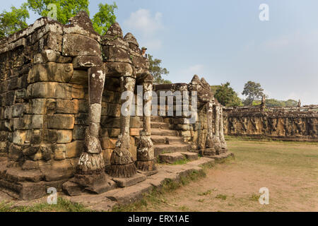 Elephant Terrace, three-headed elephants, southern stairs, side portal, Angkor Thom, Siem Reap Province, Cambodia Stock Photo