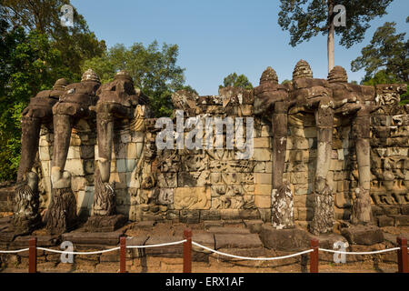 Elephant Terrace, three-headed elephants, north wing at the entrance of the Terrace of the Leper King, Angkor Thom Stock Photo