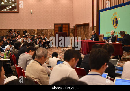 Tokyo, Japan. 9th June, 2015. Japans former Prime Minister Tomiichi Murayama, right, and former Chief Cabinet Secretary Yohei Kono of the Liberal Demoocratic Party, attend a news conference at the Japan National Press Club in Tokyo on Tuesday, June 9, 2015. The two looked back at the statements they respectively released in the past reflecting on Japans position after World War II. Both Murayama and Kono extended apologies to Asian coutries for the damages and pain inflicted by Japans aggressive war-time behavior. © Natsuki Sakai/AFLO/Alamy Live News Stock Photo