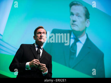 Berlin, Germany. 09th June, 2015. CEO of Axel Springer SE, Mathias Doepfner, speaks at the NOAH founders conference in the Tempodrom in Berlin, Germany, 09 June 2015. Four two days companies from various branches are discussing the digital shift. Photo: GREGOR FISCHER/dpa/Alamy Live News Stock Photo