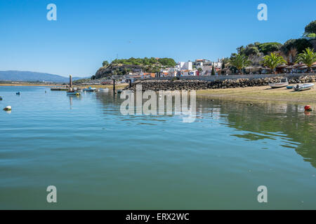 a view of the old fishing village taken from a boat on the sea Stock Photo