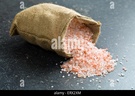 Himalayan salt in jute bag Stock Photo