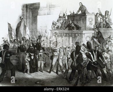 France. Liberal Revolution, 1848. Popular uprising to force the abdication of King Louis Philippe of Orleans and proclaim the Second Republic (Days 22 to 24 February). National Assembly invaded by the people, February 24, 1848. Engraving of the time. Stock Photo