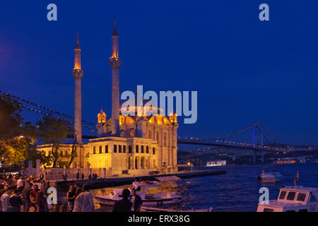 Ortakoy Bosphorus waterfront with the first Bosphorus bridge, Istanbul, Turkey. Stock Photo
