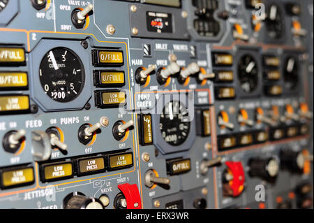 Instruments, dials and buttons inside the prototype cockpit created during the design phase of the Concorde jet. Stock Photo