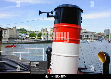 The funnel of the King John tug moored on the edge of Bristol Harbour in Bristol. Stock Photo