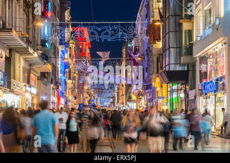 Night view of Istiklal Cadesi pedestrian street, Beyoglu, Istanbul, Turkey Stock Photo