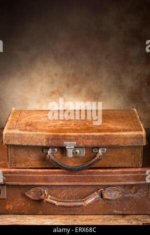 Two Closed Very Old Leather Vintage Suitcases With Copyspace Stock