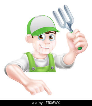 A cartoon gardening mascot gardener holding a garden fork tool and pointing down Stock Photo