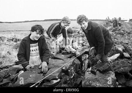 Colne Valley school children dry stone walling at Delves Moor Farm, Slaithwaite. Taught by Kenneth France. 17th December 1985. Stock Photo