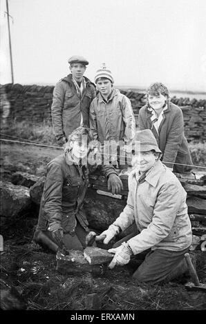 Colne Valley school children dry stone walling at Delves Moor Farm, Slaithwaite. Taught by Kenneth France. 17th December 1985. Stock Photo