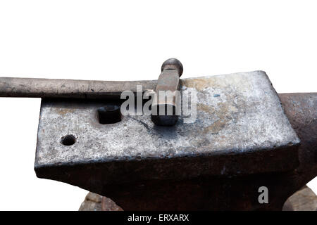 Ancient Roman forge: an anvil and a hammer, isolated against the white background. Free space to enter a text Stock Photo