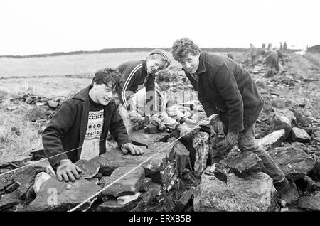 Colne Valley school children dry stone walling at Delves Moor Farm, Slaithwaite. Taught by Kenneth France. 17th December 1985. Stock Photo