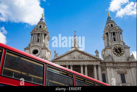 An abstract image of a London Bus and St Paul Cathedral clock tower, London, UK. Stock Photo