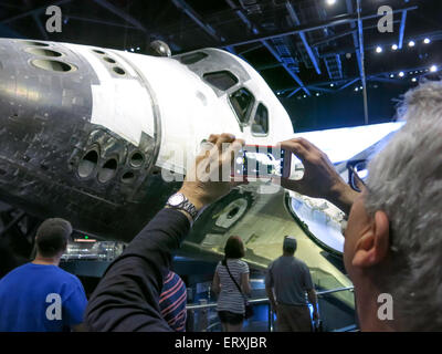 Senior Man Taking Cell Phone Photo, Kennedy Space Center Visitor Complex, Cape Canaveral, Florida, USA Stock Photo