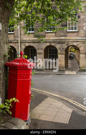 UK, England, Derbyshire, Buxton, The Square, historic Victorian Penfold red post box Stock Photo