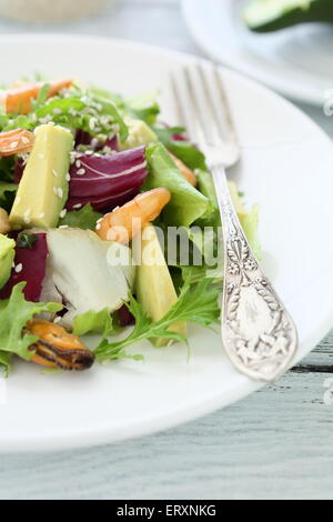 Tasty Salad With Avocado, Shrimps, Red Tomatoes, Cucumber, Arugula 