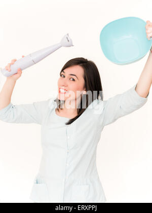 Happy Housewife with Blender and Pot Isolated on White Background Stock Photo