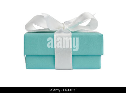 Side view of isolated turquoise gift box on white Stock Photo