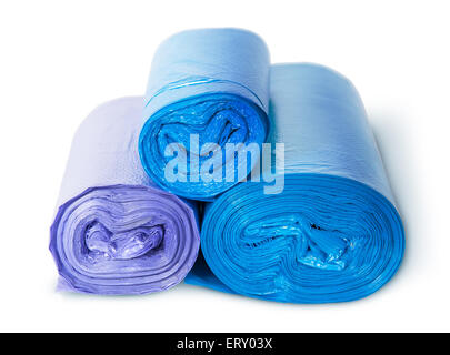 Three rolls of plastic garbage bags isolated on white background Stock Photo