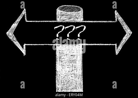 Opposite arrows with question marks. Hand drawing with chalk on blackboard. Choice conceptual image Stock Photo