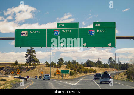 Blank empty freeway signs on western US highway copy space for your text messages. Use News MT Gothic Bold to match text on sign Stock Photo