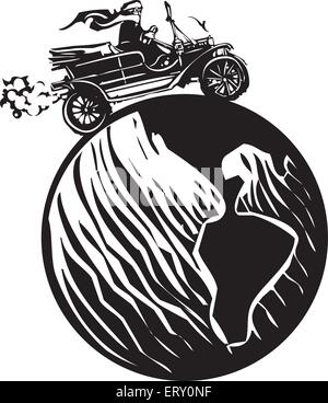 Woodcut style expressionist image of a woman driving a vintage car around the world Stock Vector