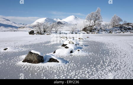 A frozen  Lochan na h-Achlaise and the Black Mount on Rannoch Moor. Stock Photo