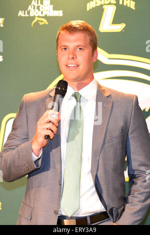 June, 9 2015: Patrick Beilein speaks to the media after being introduced as the new head coach of the Le Moyne Dolphins in Syracuse, New York. Beilein, is the son of current University of Michigan head coach John Beilein (not pictured). Rich Barnes/CSM Stock Photo