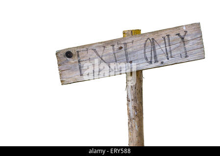 Wooden exit only sign isolated on white Stock Photo