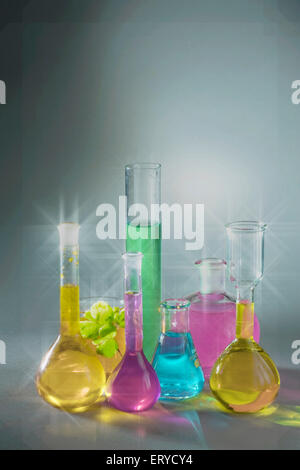 Colorful Chemicals chemistry laboratory apparatus , india , asia Stock Photo