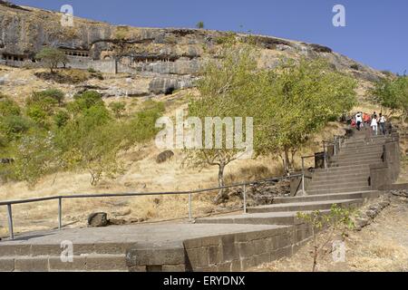 Steps to Girijatmaj Ashtavinayak Temple, Ganesha Temple, Ganesa Lena, Ganesh Pahar Caves, Lenyadri, Golegaon, Junnar, Pune, Maharashtra, India, Asia Stock Photo