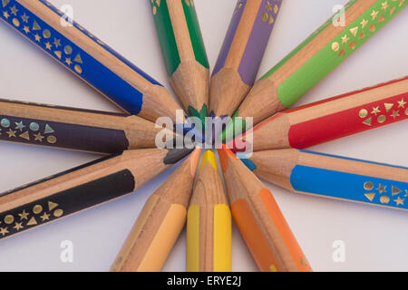 Set of crayons pointing to the center on white background Stock Photo