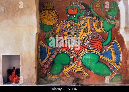 Mural painting of Hanuman in Maratha Darbar Hall in Tanjore Thanjavur Tamil Nadu India Stock Photo