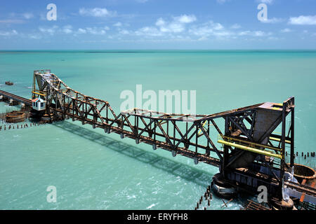 pamban bridge on sea ; Mandapam ; Rameswaram ; Tamil Nadu ; India ; asia Stock Photo