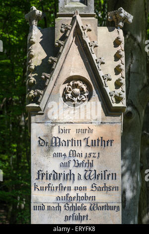 Luther monument, obelisk, detail with inscription and Luther rose, place the fake arrest of Luther in 1521, built in 1857 Stock Photo