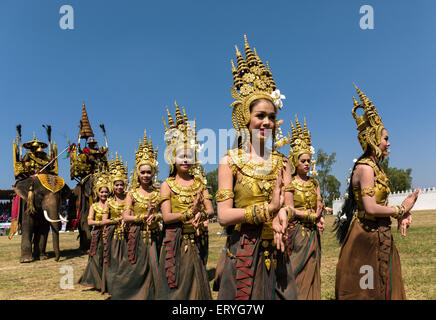 Apsara dancers in traditional costumes at the Elephant Festival, Surin, Surin Province, Isan, Isaan, Thailand Stock Photo