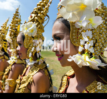 Apsara dancers in traditional costumes at the Elephant Festival, Surin, Surin Province, Isan, Isaan, Thailand Stock Photo