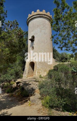 Tower on the dragon island Sa Dragonera, Majorca, Balearic Islands, Spain Stock Photo