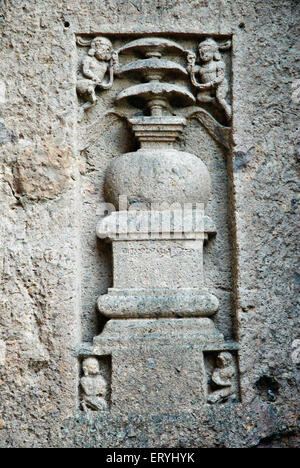 Buddha stupa carving on stone in kanheri caves ; Borivali ; Bombay ; Mumbai ; Maharashtra ; India Stock Photo