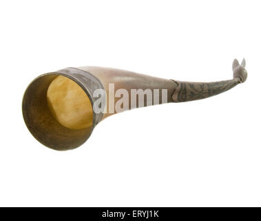 Bone national horn of plenty decorated with silver stamping isol Stock Photo